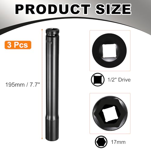 HARFINGTON 3pcs 6-Point Deep Impact Socket 1/2" Drive 17mm Metric Socket 7.7" (195mm) Extra Long Heat-Treated 45# Steel for Home Auto Spindle Axle Hex Nuts Bolts Repair, Black - size: 17mm + 7.7" Long