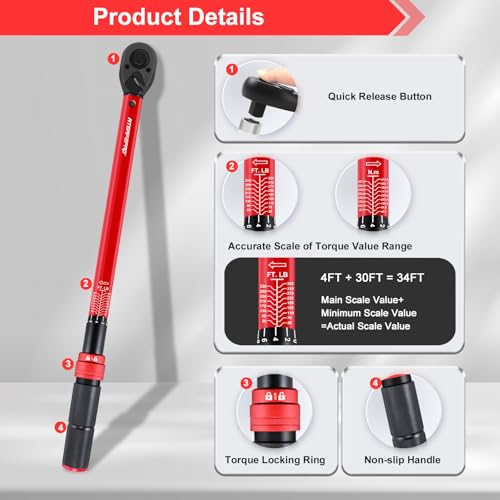 ATsafepro 3/4 Torque Wrench,3/4 Drive Torque Wrench-30-350 Ft-Lb(40.7-474.3Nm) Dual Scales,Precision Instruments Torque Wrench Pre-Calibrated Accuracy+-3%,48-Tooth Dual-Direction for Auto & Machinery - style: 3/4" 30~350 FT.LB Torque Wrench