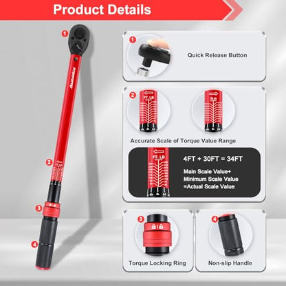 ATsafepro 3/4 Torque Wrench,3/4 Drive Torque Wrench-30-350 Ft-Lb(40.7-474.3Nm) Dual Scales,Precision Instruments Torque Wrench Pre-Calibrated Accuracy+-3%,48-Tooth Dual-Direction for Auto & Machinery - style: 3/4" 30~350 FT.LB Torque Wrench