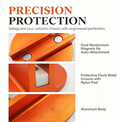 Universal Aluminum Grooved Pinch Weld Jack Pad - 0.38" Magnetic Jack Puck & Large Slotted Frame Rail Protector for Cars, SUVs, Trucks & Pickups – Heavy-Duty Floor Jack Adapter(Orange)