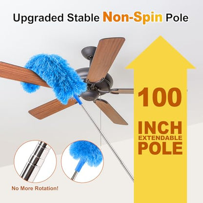 Tiumso 5-in-1 Microfiber Duster Kit with 100” Extension Pole – Reinforced Stainless Steel Telescopic Handle for High Ceiling Fans, Cobwebs & Vents – Multi-Head Dusters for Cleaning with Anti-Spin Pole - color: Sky Blue