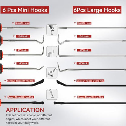 12PCS Automotive Pick and Hook Tool Set, Professional Mechanic Pick Set | 4 Flat Oil Seal Hooks & 8 Hook Picks, Dual Length Design, Heat-Treated High Carbon Steel & Premium Metal, Ergonomic Grip - color: Red
