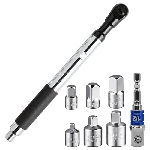 17.2" Offset Extension Wrench Set, 8-Piece Ratchet Extender with 6 Drive Adapters for 1/4", 3/8" & 1/2" Sockets, 0° Swing Tool for Power Drills, Hand Ratchets & Tight Spaces