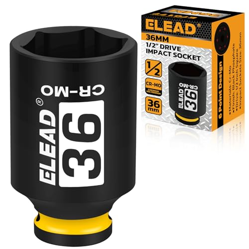 ELEAD 36mm Socket 1/2" Drive Deep Impact Socket, Metric 6 Point 1/2-inch Drive Impact Axle Nut Sockets, CR-MO Nut Socket Set, Oil Filter Sockets, Tools for Easy Removal of Axle Shaft Nuts - color: 36mm Yellow