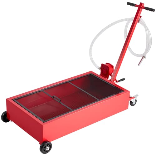 VEVOR Low Profile Oil Drain Pan, 20 Gallon Capacity, Rolling Oil Drain Pan with Manual Pump, 7.2 ft Hose & T Folding Handle, Leak-Proof & Corrosion-Resistant, Fit for Cars, SUVs, Trucks, ATVs, Red - size: 49.21 x 23.62 x 25.98 in