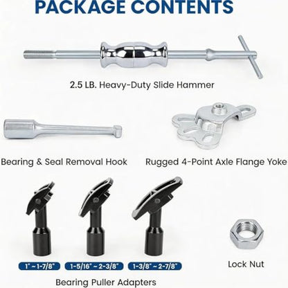 Rear Axle Bearing Remove Puller Tool Kit Bearing Remover Set with Slide Hammer Yoke and 3 Adapters, 1" to 2-7/8" IDs
