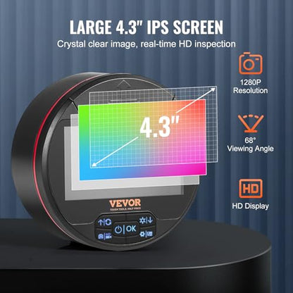 VEVOR Borescope Triple Lens Endoscope Camera with Light, 4.3" IPS Screen Inspection Camera with 8 + 2 Lights, IP67 Waterproof Snake Scope Cameras for Automotive, Plumbing (16.4FT Cable, 32GB Card) - size: 4.3" IPS Screen-16.4FT