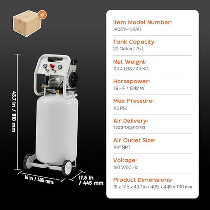Albott 20 Gallon Electric Air Compressor, 1.8 HP Vertical Wheeled Tank | Oil-Free Air Compressor with Copper Motor 120 PSI Max Garage Air Supply Pneumatic Tool Tire Inflation Use - style: 20 Gal