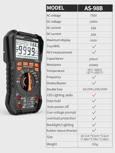 Multimeter Digital Multimeter, 9999 Counts DC AC Voltmeter and Ohm Volt Amp Tester, Auto-Ranging Fast Accurately Measures Voltage Current (DC/AC Current)