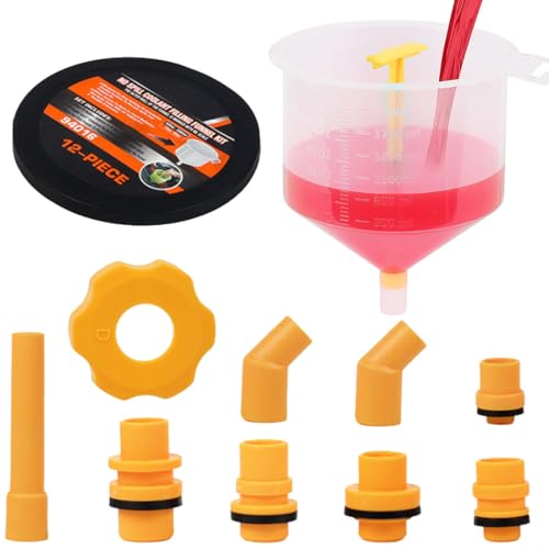 12 PCS No-Spill Coolant Funnel Kit – Universal Radiator Filling Tool Set with Adapters for Most Vehicles – Automotive Antifreeze Filling Kit – Easy Coolant Refilling & Air Bleeding System