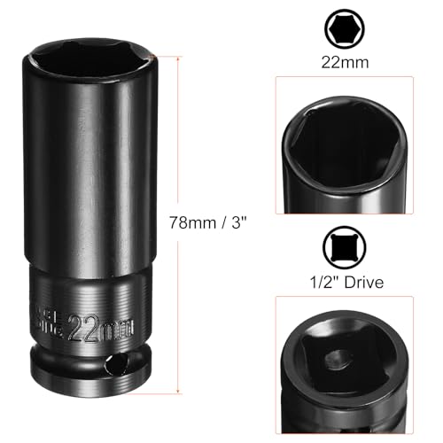 HARFINGTON Deep 6-Point Impact Socket 1/2" Drive 22mm Metric Socket 3" Length with 1/4" Hex Shank Adapter, CR-V Steel Socket Adapter Accessory Tool Set Kit for Hex Bolts Nuts - size: 22mm