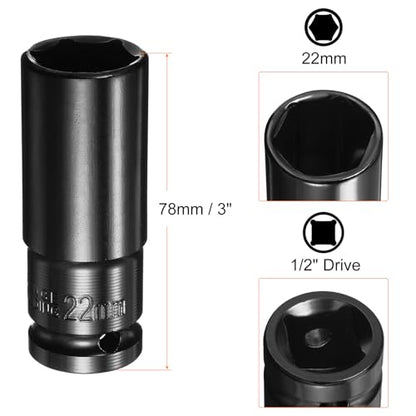 HARFINGTON Deep 6-Point Impact Socket 1/2" Drive 22mm Metric Socket 3" Length with 1/4" Hex Shank Adapter, CR-V Steel Socket Adapter Accessory Tool Set Kit for Hex Bolts Nuts - size: 22mm