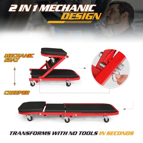 Magshion 40" Triplex Folding Creeper and Rolling Seat 2-in-1 330 lbs Capacity Foldable Mechanic Creeper Garage Stool Lay Down or Sit (Red) - color: Red, size: 40"