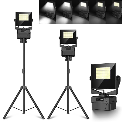 10000mAh Rechargeable Work Light with Stand 5 ft Max Height, Cordless Work Light Dimmable 10000 Lumens Tripod Work Light Construction Essentials Gear Emergency floodlight with Detachable Tripod