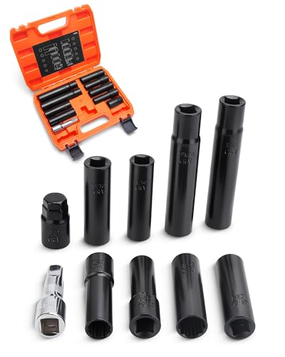10-Piece Spline Lug Nut Socket Set, 1/2" Drive for Spike Lug Nuts | Fits Aftermarket Lug Nuts with 5, 6, 7, 10, or 12 Splines; Includes 9 CR-V Steel Keys and a 3-Inch Extension
