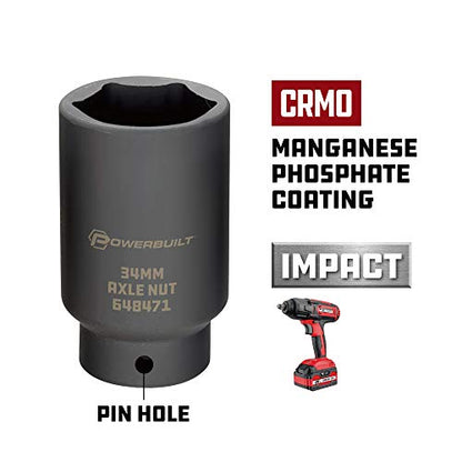 Powerbuilt 34mm Axle Nut Socket, 1/2 Inch Drive, Use with Impact Wrench, 6 Point Extra Deep, Remove Axle Shaft Nut - 648471, Black - size: 34mm