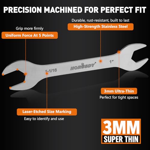 HORUSDY Thin Open End Wrench Set | Bike Wrench Set with Rolling Pouch | 19-Piece SAE & Metric | CR-V Steel | 1/4" to 1-1/16" & 5.5mm to 27mm for Mechanics - size: SAE & Metric 19-Piece