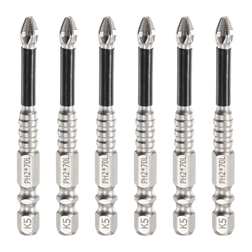 HARFINGTON 6pcs Impact Phillips Screwdriver Bit PH2 (#2) Anti Slip Tip 1/4" Hex Shank 2.76" (70mm) Long Magnetic Cross Screw Driver Industrial Power Drill Bits for Remove Fastening Screws - size: 2.76 inch