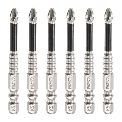 HARFINGTON 6pcs Impact Phillips Screwdriver Bit PH2 (#2) Anti Slip Tip 1/4" Hex Shank 2.76" (70mm) Long Magnetic Cross Screw Driver Industrial Power Drill Bits for Remove Fastening Screws - size: 2.76 inch