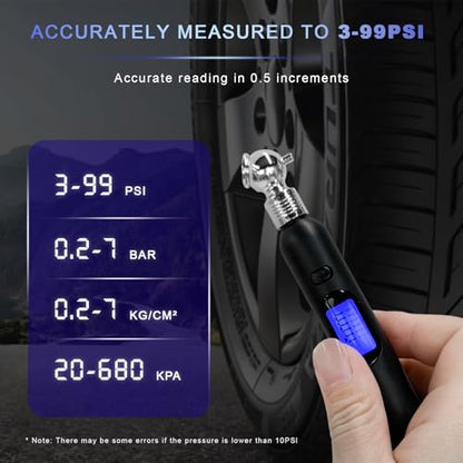 Digital Tire Pressure Gauge, 5-100PSI 4 Settings Pencil Tire Gauge with Backlit LCD Display, Accurate Air Pressure Gauges for Cars Trucks Motorcycles Bicycles, Car Accessories