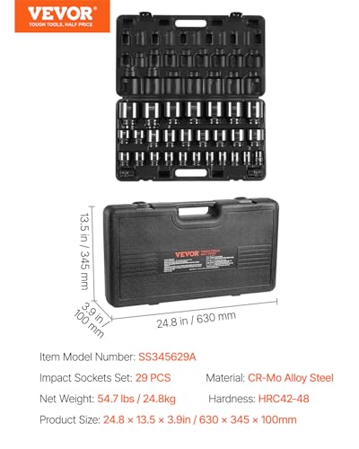 VEVOR 3/4 Inch Impact Socket Set, 29-Piece, SAE 3/4-2-1/2 Inch | 6-Point Sockets, CR-MO, Easy-to-Read Size Markings, Rugged Construction, with Storage Case, for Auto Repair - style: 3/4" 29PCS CR-MO