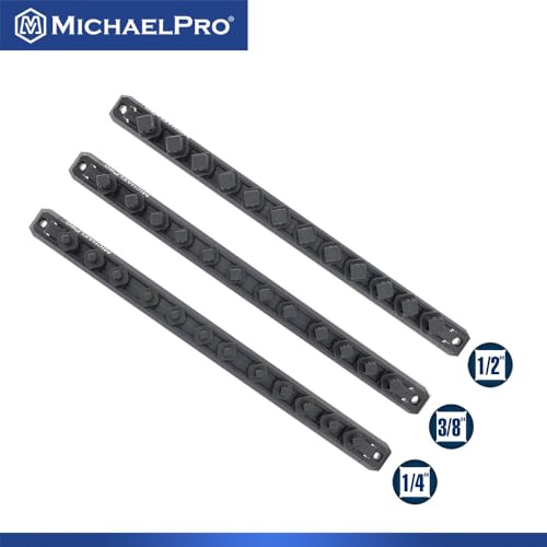MichaelPro 3-Piece Quick Lock Magnetic Socket Organizer Rail Set- 1/4-inch, 3/8-Inch, and 1/2-Inch Drive Tool Socket Organizers, Hold 36 Sockets, Heavy Duty Aluminum Magnetic Socket Storage | MP014040 - style: Magnetic with Lock Function