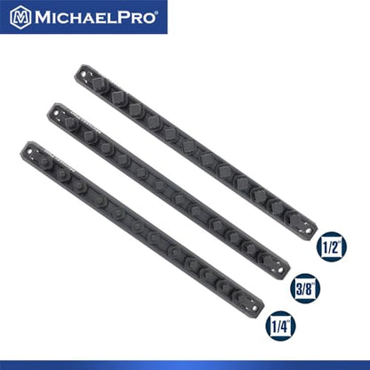 MichaelPro 3-Piece Quick Lock Magnetic Socket Organizer Rail Set- 1/4-inch, 3/8-Inch, and 1/2-Inch Drive Tool Socket Organizers, Hold 36 Sockets, Heavy Duty Aluminum Magnetic Socket Storage | MP014040 - style: Magnetic with Lock Function