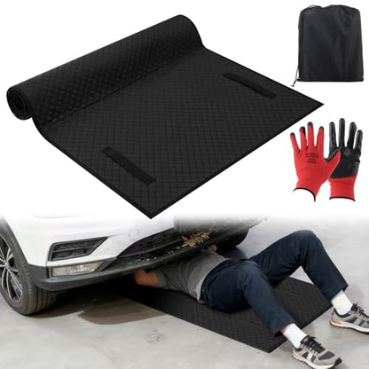 Mechanic Creeper Rolling Mat with Gloves - 57 x 25 Inch Black Sliding Garage Work Mat - PU Outer Foam Inner Magical Creeper Style Pad for Car Repair and Under Vehicle Maintenance