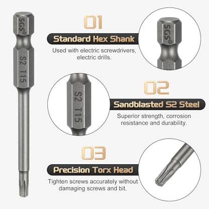 HARFINGTON 3pcs T15 Torx Head Screwdriver Bit 1/4" Hex Shank 2.6" (65mm) Long Magnetic No Hole Tip Tamper Proof 6 Point Star Screw Driver Drill Bits S2 Steel Industrial Power Screwdrivers - size: T15 x 2.6"(65mm)
