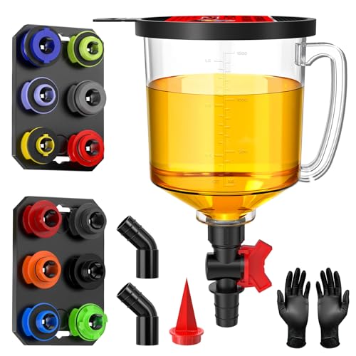 19-Piece Spill Proof Oil Funnel Kit For Automotive Use w/ 12 Adapter, 1.6QT | LOYAMAT Oil Funnel w/ 12 Adapters, 2 Magnetic Trays, 45° Elbows, Filter & Gloves Transparent Body w/Scale & Shut-Off Valve
