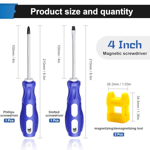 2-Pack 4 Inch Slotted & Phillips Screwdriver Set, Long Phillips and Flat Head Magnetic Screwdriver with Rubber Handle - size: 4 Inch