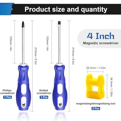 2-Pack 4 Inch Slotted & Phillips Screwdriver Set, Long Phillips and Flat Head Magnetic Screwdriver with Rubber Handle - size: 4 Inch