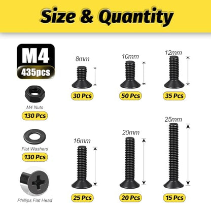 KADRICK 435Pcs M4 Countersunk Screws,M4 Flat Head Screws,Phillips Bolts Nuts Washers Assortment Kit,Zinc Plated,Lenth of 8MM-25MM - size: M4 435Pcs 8-25mm