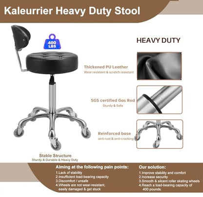 Kaleurrier Rolling Stool with Back Rest, Swivel Chair Adjustable Height, Heavy Duty Stools for Kitchen Salon Bar Office Garage Shop Massage (with Back Rest) (Black) - color: Black