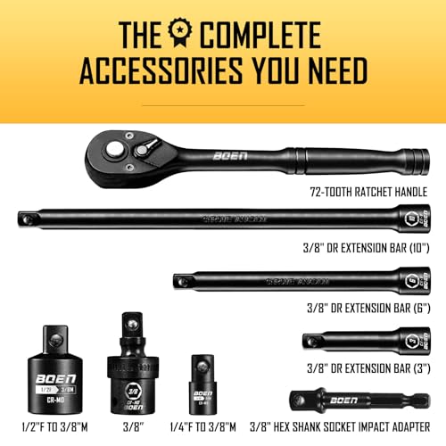 BOEN 3/8" Drive Impact Socket Set, 57-Piece Standard SAE (5/16 to 3/4 inch) and Metric (8-22mm), Include Ratchet Handle, Extension Bar, Universal Joint, Adapter, and Additional 5 10mm Sockets