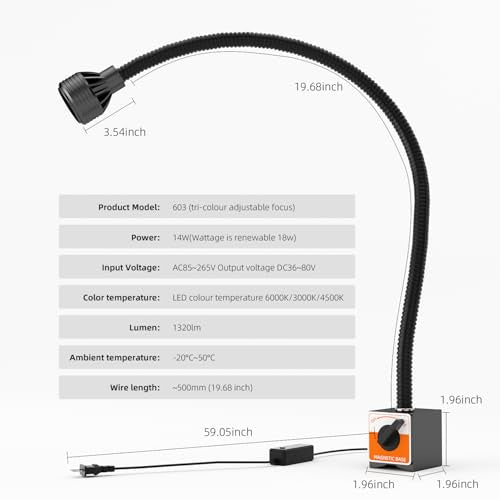 Magnetic Work Light 1320 Lumen 120V Flexible Gooseneck Work Light with Adjustable Focus and Magnetic Base for Lathe CNC MillingDrill Press Sewing Machine Industrial Light
