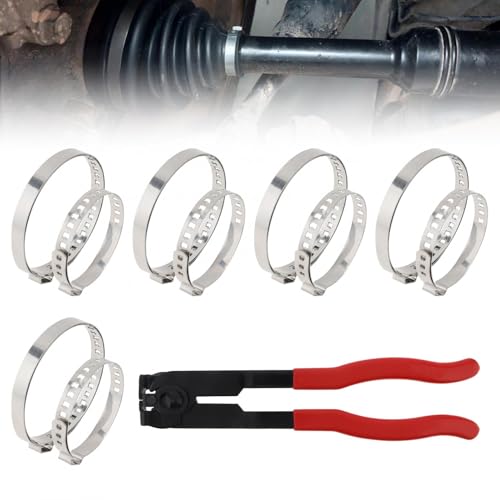 CV Boot Clamp Pliers with 10PCS Stainless Steel Crimp Bands, 5PCS Small and 5PCS Large Universal Adjustable Drive Shaft Joint Boot Crimp Clamps, Boots Clamp Tool Repair for Most Cars