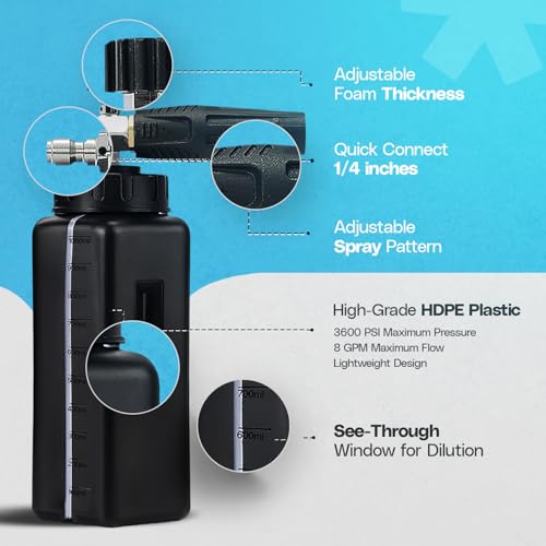 Foam Cannon for Pressure Washer, Thick Snow Foam, 1/4'' Quick Connect, 1.1mm Orifice Soap Cannon, Adjustable Foam Blaster for Car Detailing, Wide Mouth Bottle