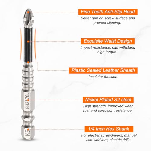 HARFINGTON 6pcs Impact Phillips Screwdriver Bit Kit PH2 (#2) Anti Slip Tip 1/4" Hex Shank 2+2.56+3+4+4.72+6" Magnetic Cross Screw Driver Industrial Power Drill Bits for Screws - size: 2+2.56+3+4+4.72+6 inch