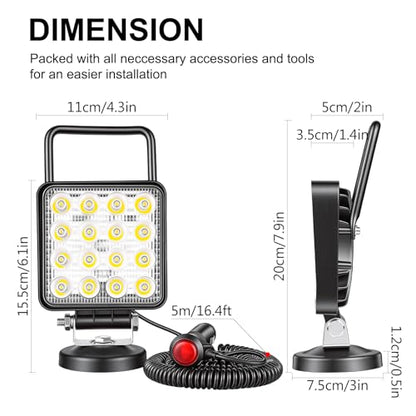 Magnetic Led Work Light 12V, SKYWORLD 1PCS 4 Inch 48W Square Spot Off Road Driving Fog Lamp, Portable Magnetic Base Holder for Car SUV Trailer Tractor Truck Engineering Maintenance Garage Camping - size: 4 Inch 48W Spot