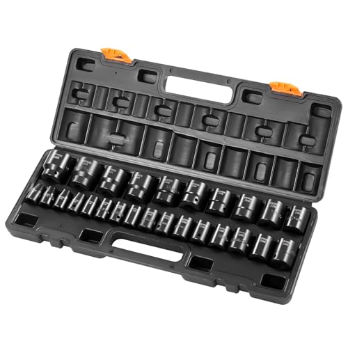 VEVOR 1/2" Drive Impact Socket Set 26-Piece, Metric (10-36mm) Sizes Standard Socket Set CR-V Material for High Durability Impact Wrench - style: 1/2" 26PCS