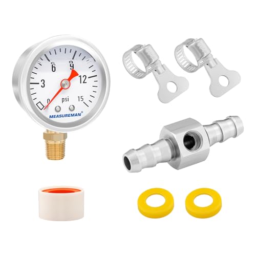 MEASUREMAN 0-15 Psi Glycerin Filled Fuel Pressure Gauge, 1.5” Dial, 304 Stainless Steel Case, 1/8” NPT Lower Mount, with 3/8” Fuel Line Adapter, Copper Tube & Fittings, Red Aluminum Pointer - size: 0-15 psi, style: Lower Mount (7 Pieces Kit)