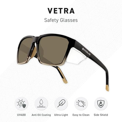 VETRA Z87+ Certified Safety Glasses HD High Contrast UV400 Side Shield Anti-Oil Coating Stylish Eyewear - color: Dark Mocha