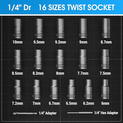 16PCS Deep Well Bolt Extractor Set, 1/4” Dr Impact Bolt & Nut Remover Set, Bolt Removal Set for Damaged, Rusted, Rounded-Off, Stripped Fasteners - size: 1/4'', 16pcs