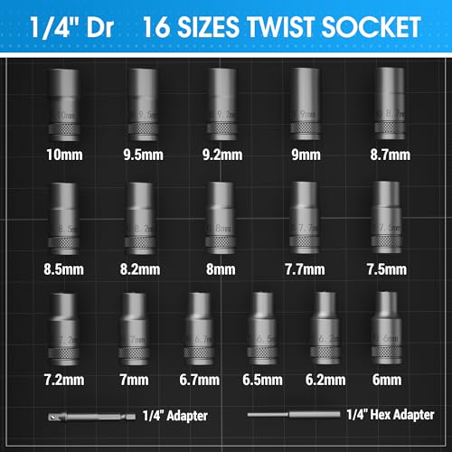 16PCS Deep Well Bolt Extractor Set, 1/4” Dr Impact Bolt & Nut Remover Set, Bolt Removal Set for Damaged, Rusted, Rounded-Off, Stripped Fasteners | Bolt & Nut Remover Set for Damaged, Rusted, Rounded-Off, Stripped Fasteners - size: 1/4'', 16pcs