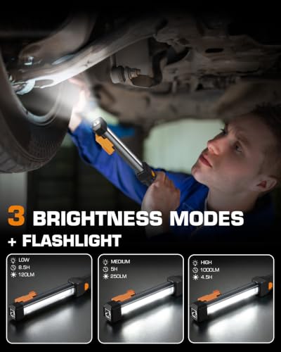 EverBrite 1000LM Magnetic Work Light, Rechargeable LED Mechanic Light with Dual Magnetic Bases & 360° Hanging Hooks, 4 Modes Under Hood Work Light for Car Repair, Garage, Emergency, 2 Pack Black - color: Black
