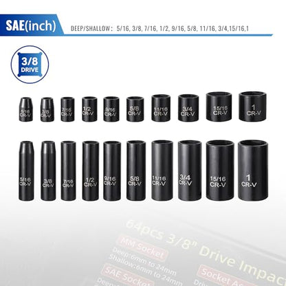 Reniteco 64-Piece 3/8" Drive Socket Set, SAE (5/16"-1") & Metric (6mm-24mm), Deep & Shallow, 72-Tooth Ratchet Wrench, Extension Bars, 1/2" F to 3/8" M Reducer, Universal Joint & Power Drill Adapter - size: 3/8" 64 PCS SAE & Metric