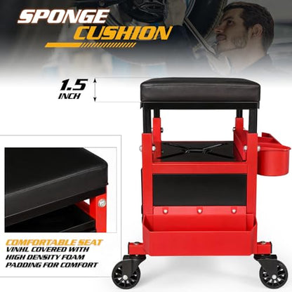 Magshion Rolling Garage Stool with Built-in Toolbox & Holder – 350 Lbs Capacity Padded Mechanic Seat with Wheels for Workshop, Auto Repair & Shop Use (Red)