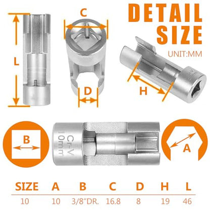 10MM (3/8"DR) Diesel Injector Fuel Line Socket Set Difficult Access Flare Nut Wrench Spanner for Wired Temperature Sensors, Thermo Switches, ABS Tube, Master Cylinder, Coolant, etc - size: 10MM(3/8"DR.)