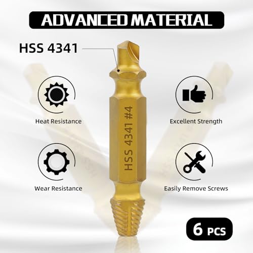 RENYU 6 Pcs Damaged Screw Extractor Kit, HSS 4341 Screw Extractor Remover Set for Stripped Bolts Drill Bit Tools Stripped Head Screws Nuts
